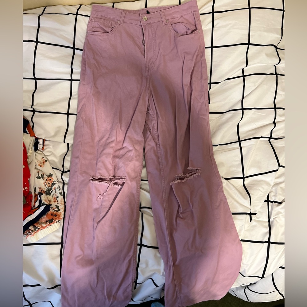 Purple wide pants with rips on knees